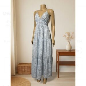 Blue and White Ruched Maxi Sundress